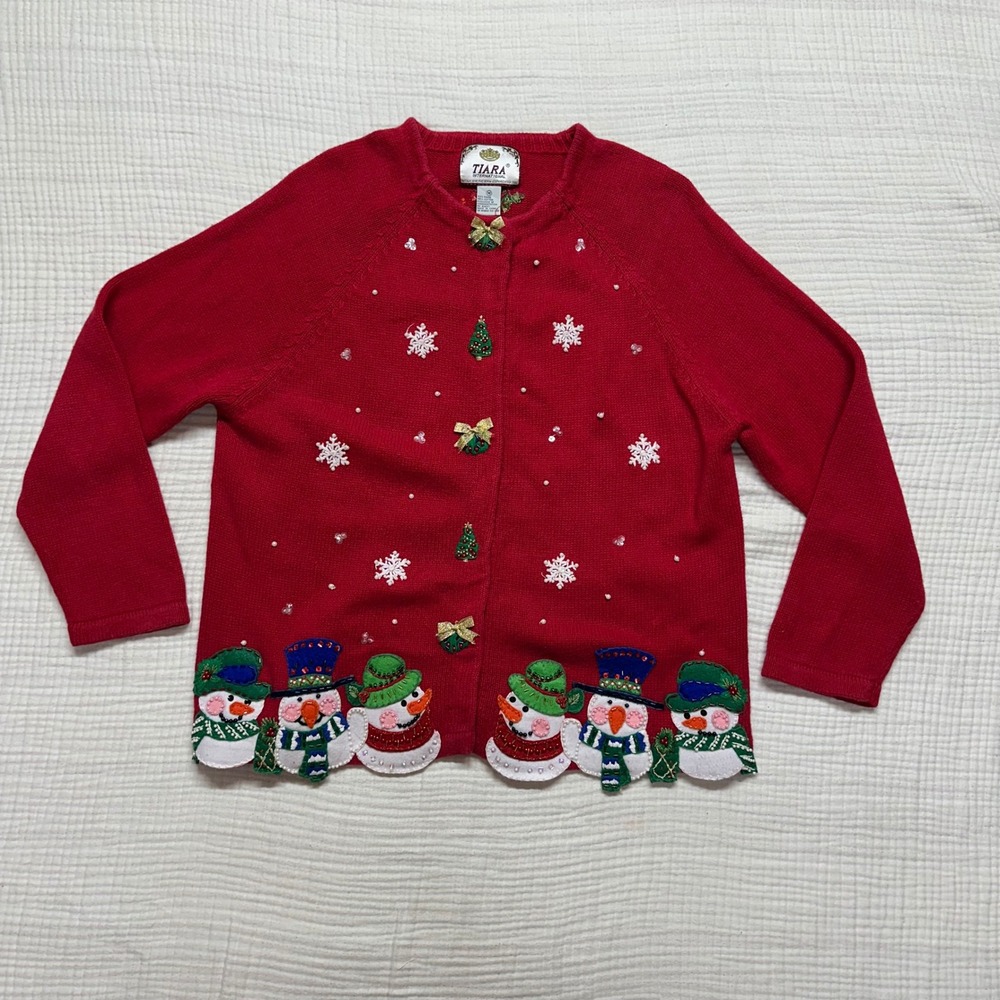 Vintage Tiara International Womens Ugly Christmas Sweater cardigan Snowman M